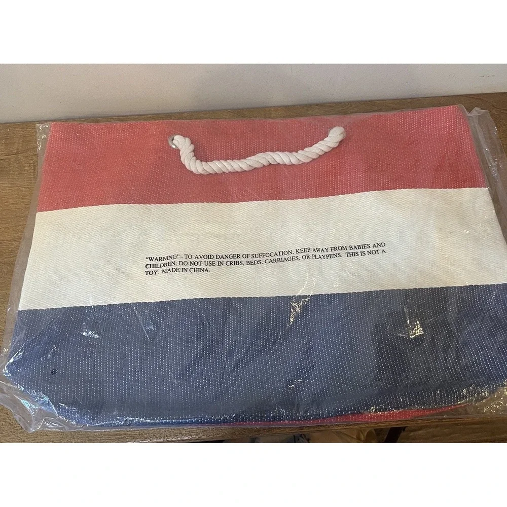 Large Nautical Beach Tote Pool Bag Rope Handles Red White Blue Coastal Vacation